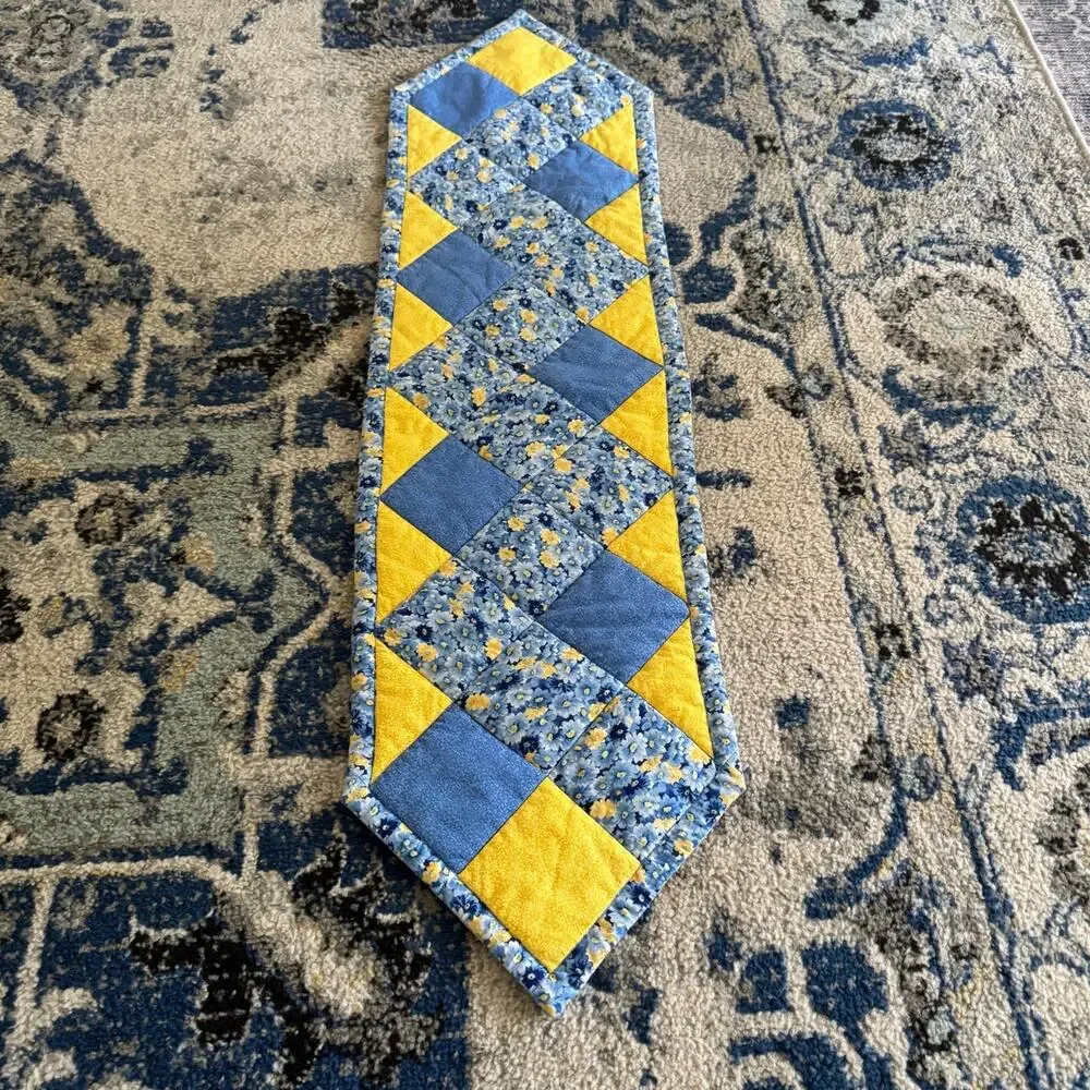 Handmade Quilted Patchwork Square Table Runner Blue Yellow Floral 12x46 Cottage